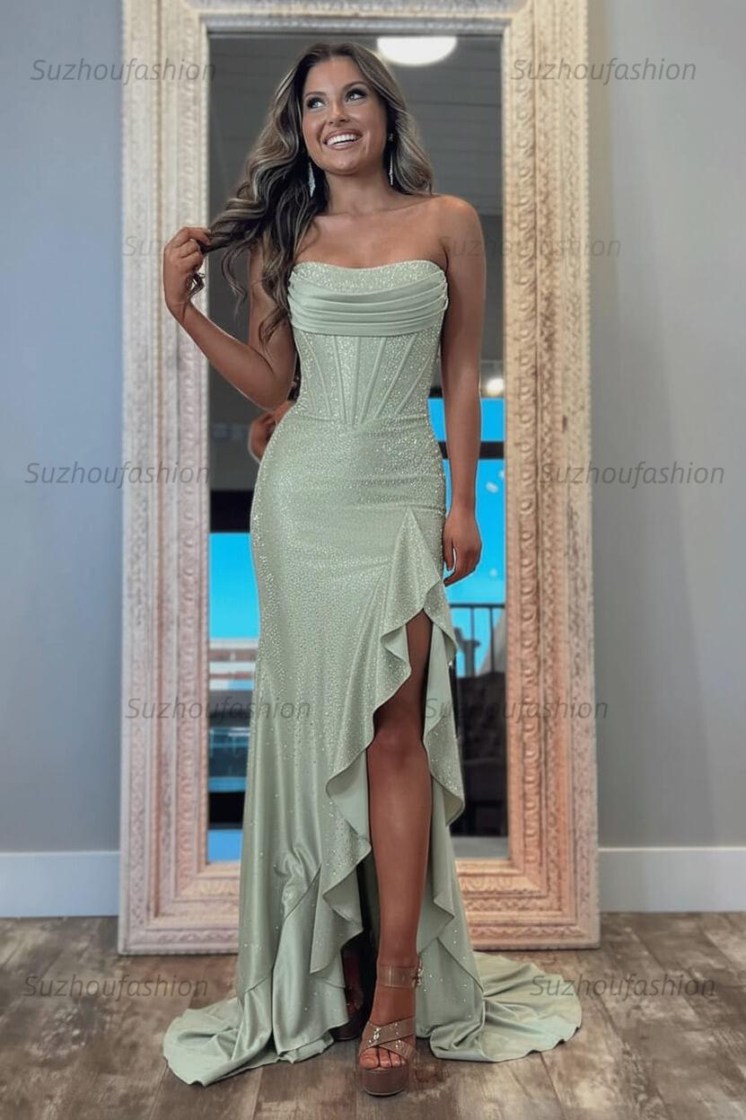 Hot Pink Beaded Prom Dress Corset Ruffled Strapless Formal Dress With Slit