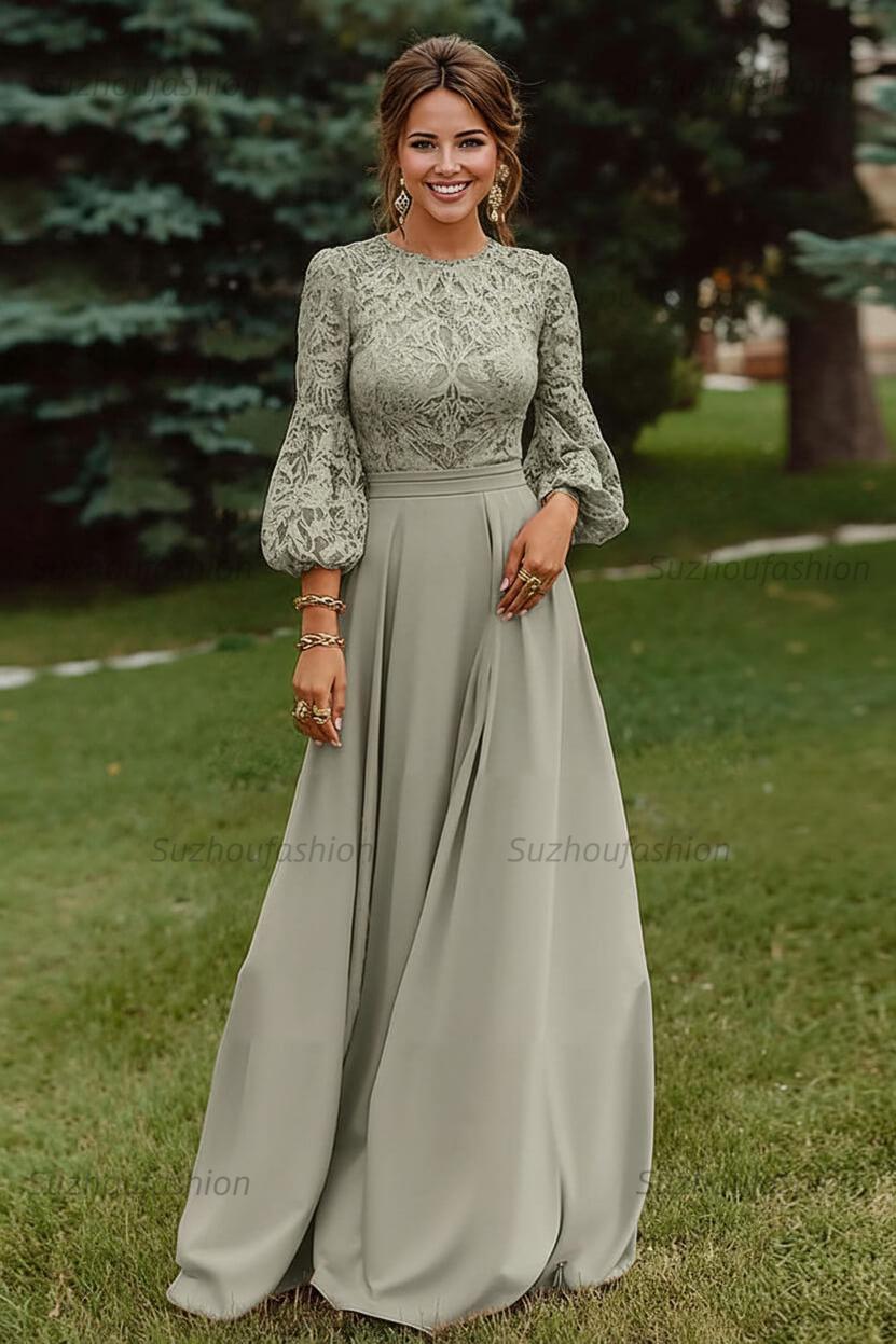 Lace Dusty Rose Puff Sleeves A Line Floor Length Mother Of The Bride Dress