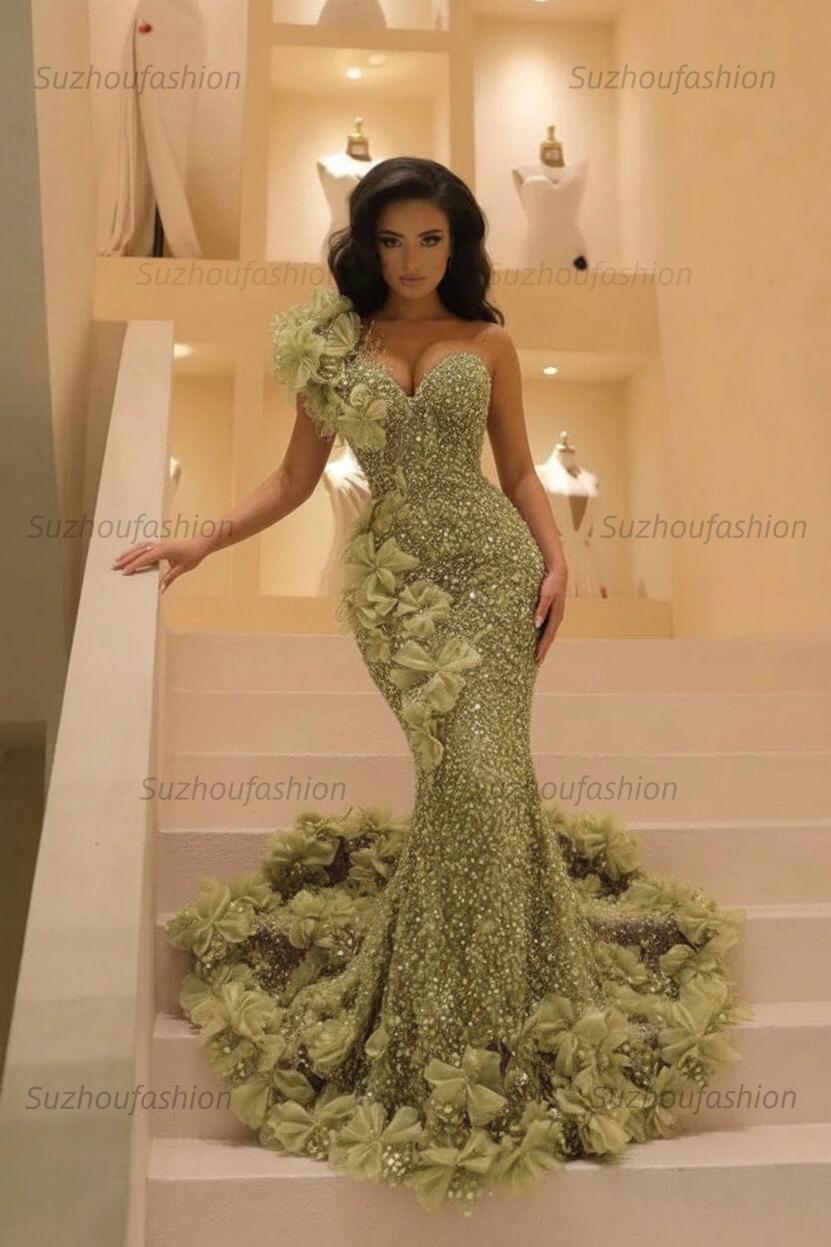Burgundy One Shoulder Prom Dress Mermaid Sequined Formal Evening Dress with 3D Flowers