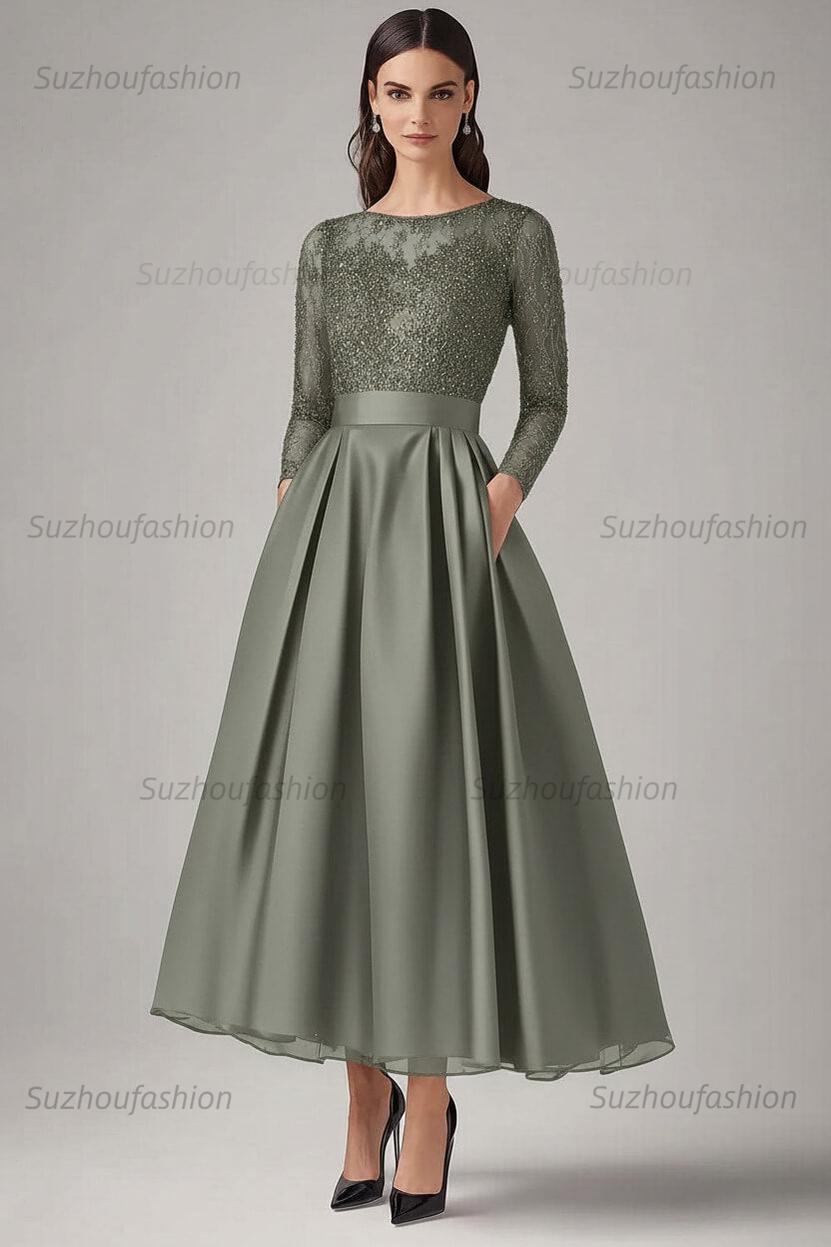 Navy Wedding Guest Dress Beaded A Line Long Sleeves Formal Dress With Lace