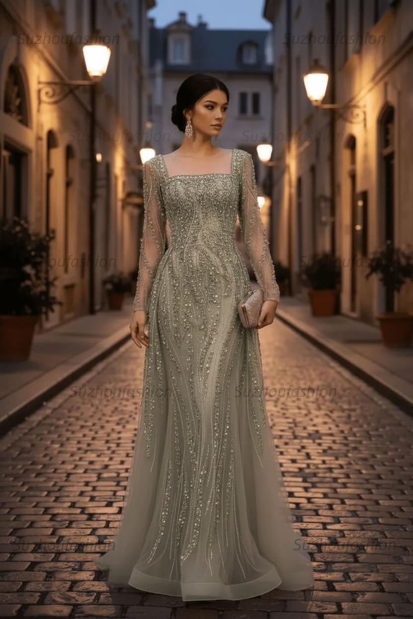 Square Neck Long Sleeves Long Mermaid Evening Formal Dress With Beading Tulle