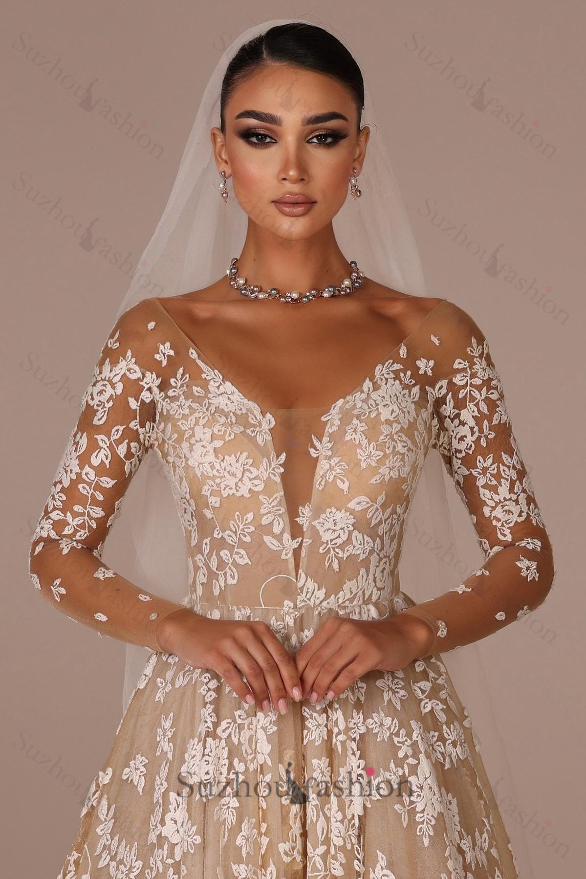 Champagne Beach Wedding Dress A Line V Neck Illusion Sleeves Floor Length Tulle Bridal Gown With Appliques