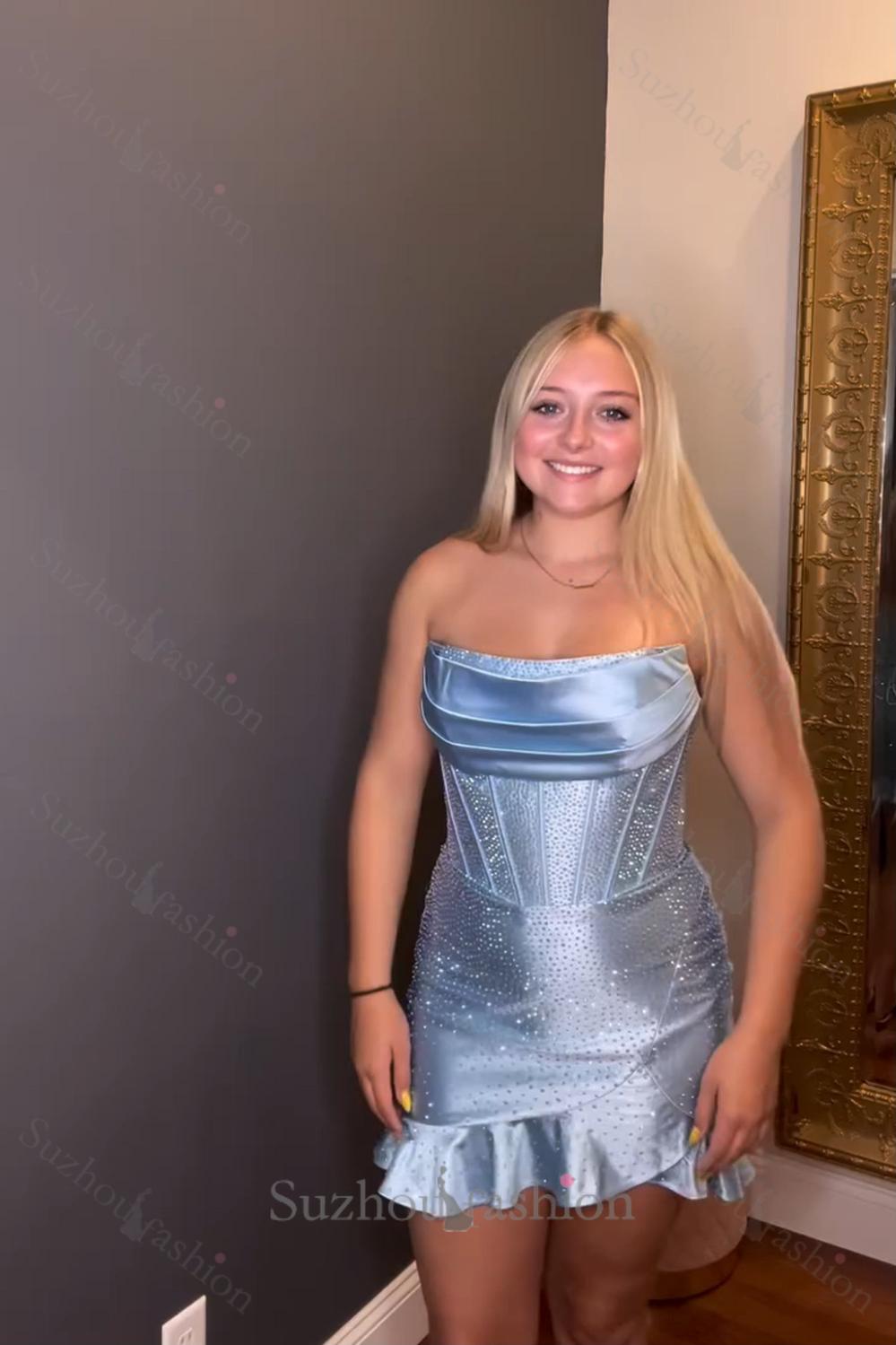 Champagne Beaded Homecoming Dresses Corset Ruffled Short Tight Cocktail Dresses