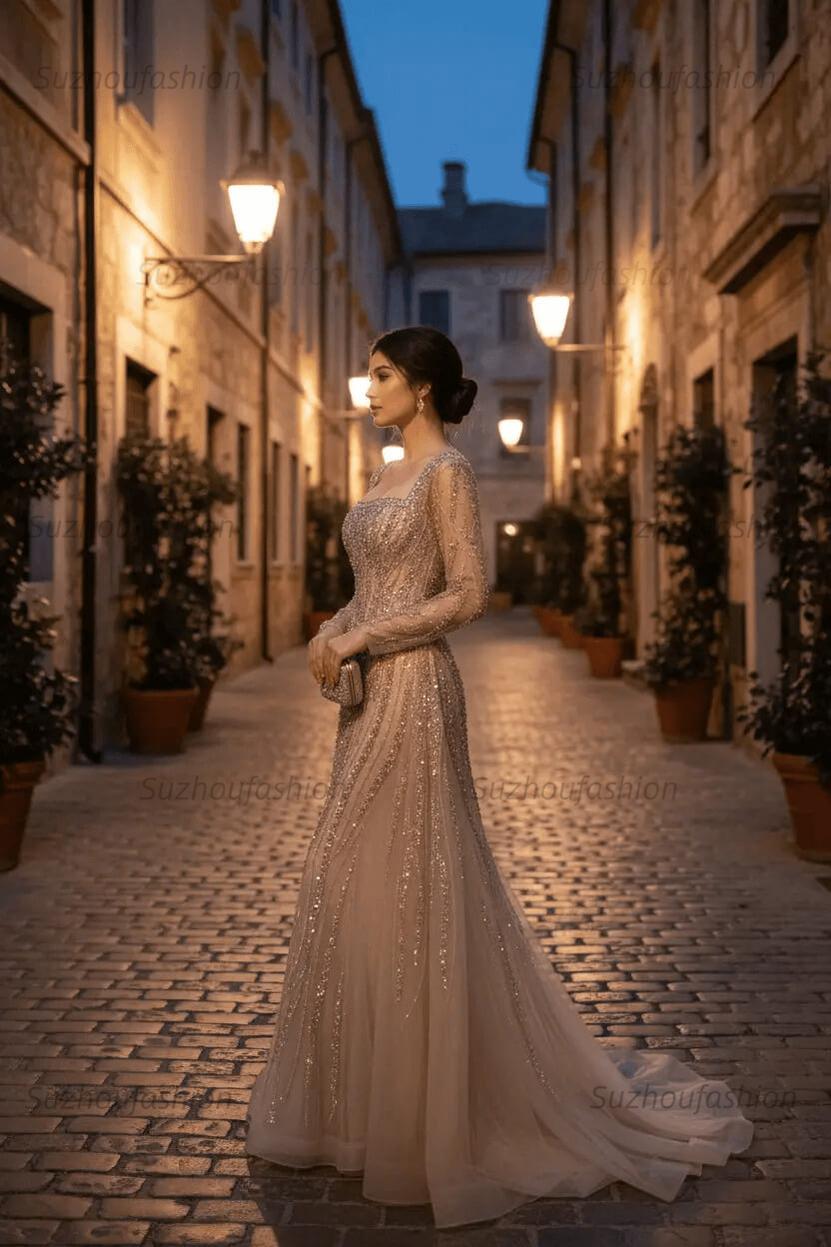 Square Neck Long Sleeves Long Mermaid Evening Formal Dress With Beading Tulle