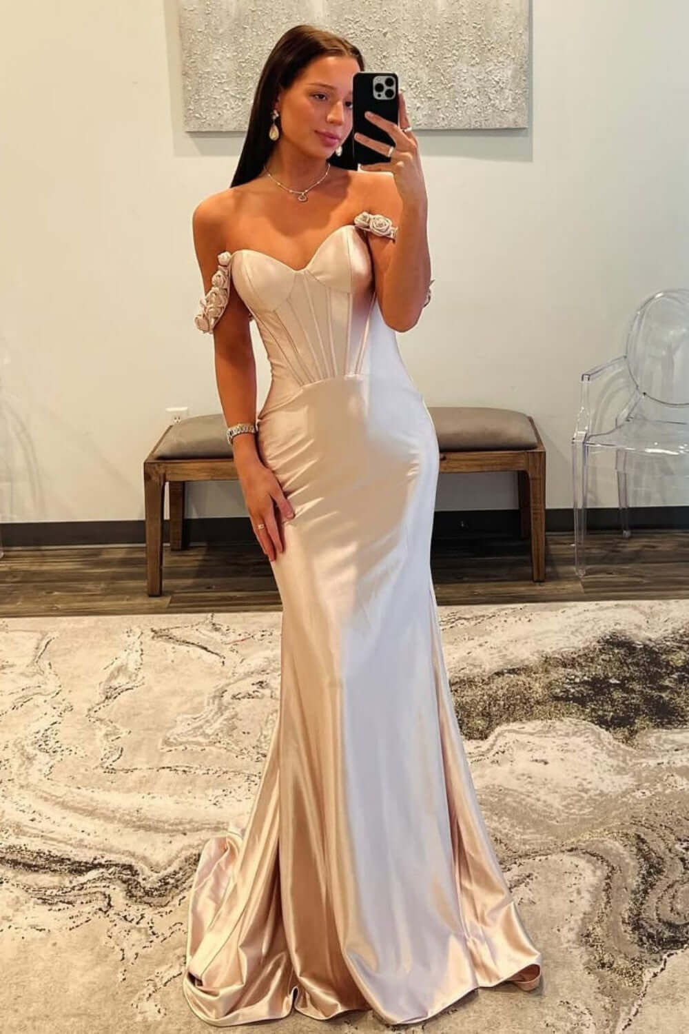 Champagne Prom Dress Off The Shoulder Corset Long Formal Dress