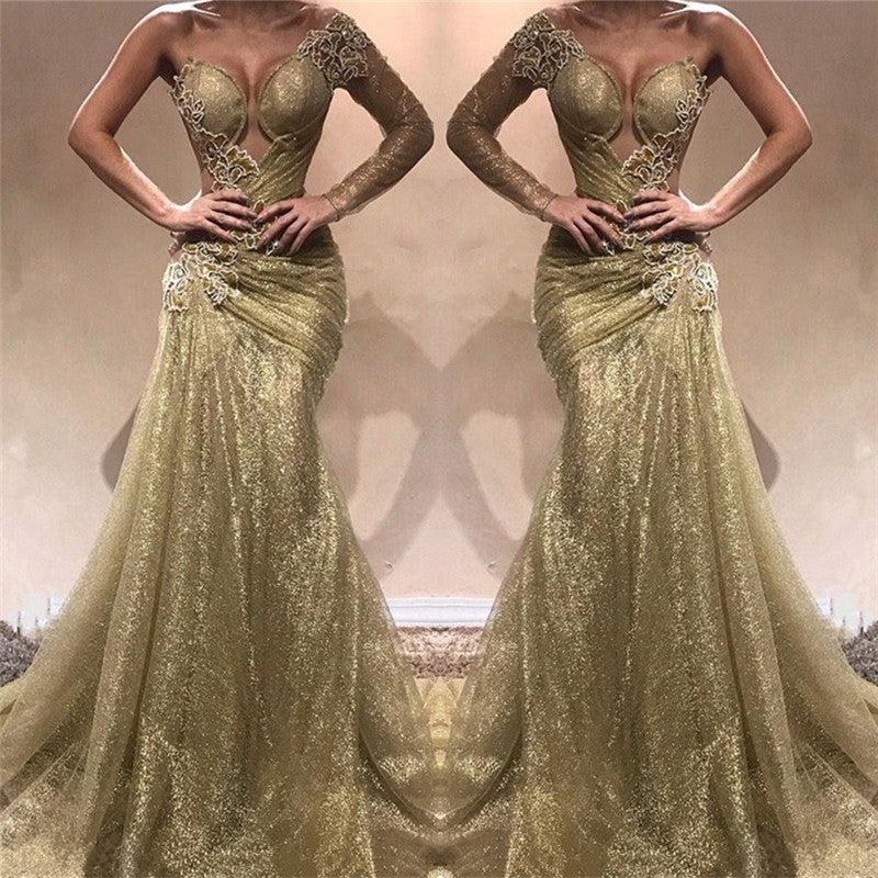 Champagne Gold One Sleeve Sexy Prom Dresses  | Appliques Ruffles Evening Gowns