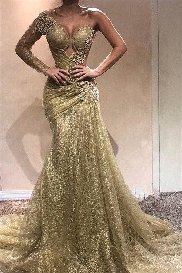 Champagne Gold One Sleeve Sexy Prom Dresses  | Appliques Ruffles Evening Gowns