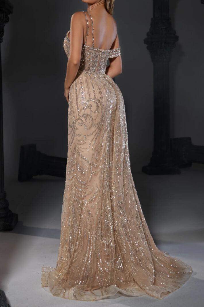 Champagne Gold Prom Dress One Shoulder Sleeveless Evening Formal Dress With Bead Embroidery