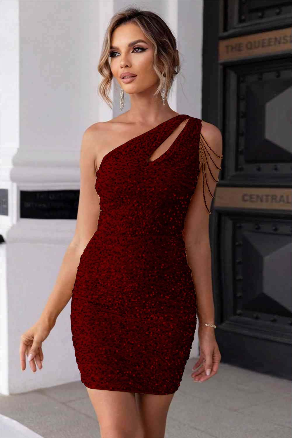 Champagne Gold Sequins One Shoulder Sleeveless Short Homecoming Dress With Beadings