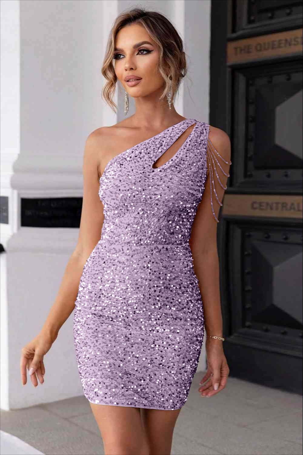 Champagne Gold Sequins One Shoulder Sleeveless Short Homecoming Dress With Beadings