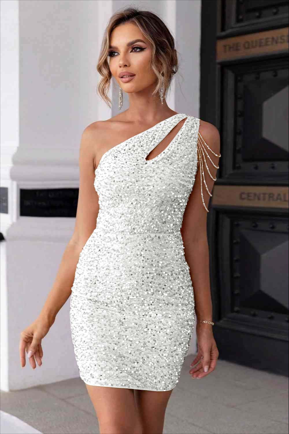 Champagne Gold Sequins One Shoulder Sleeveless Short Homecoming Dress With Beadings