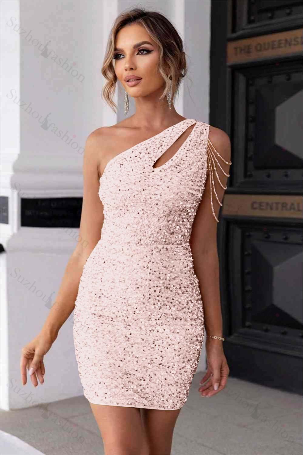 Champagne Gold Sequins One Shoulder Sleeveless Short Homecoming Dress With Beadings