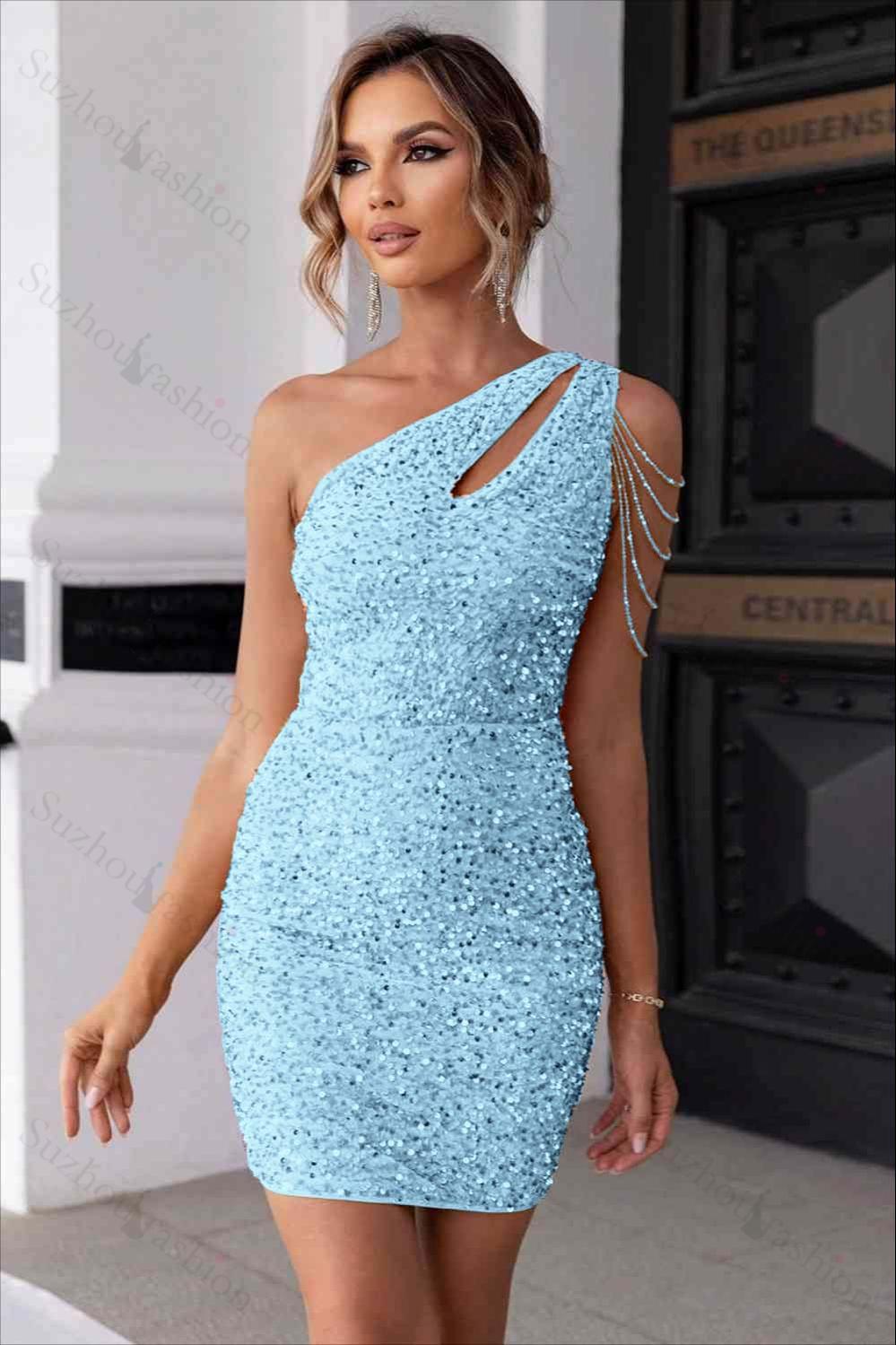 Champagne Gold Sequins One Shoulder Sleeveless Short Homecoming Dress With Beadings