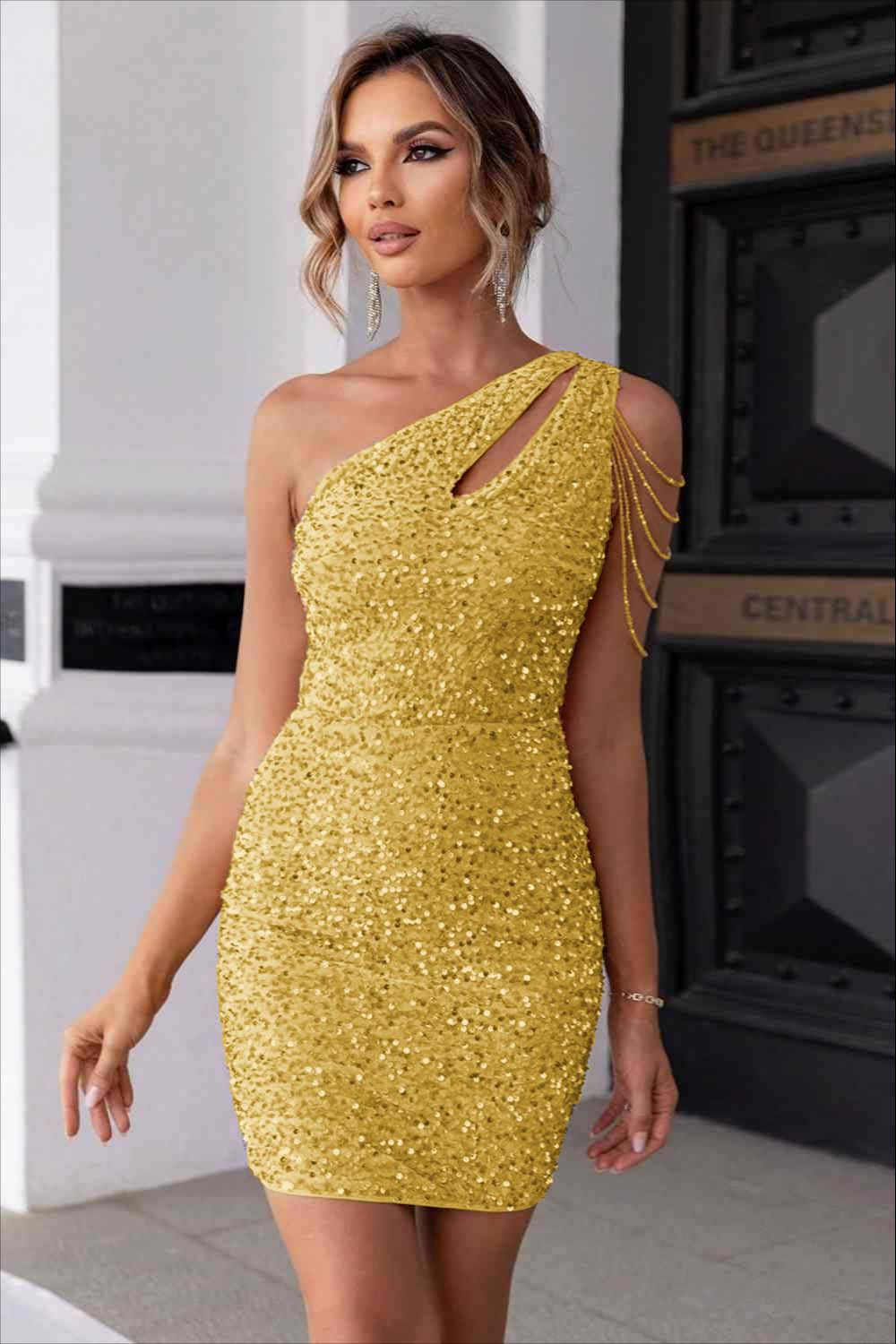 Champagne Gold Sequins One Shoulder Sleeveless Short Homecoming Dress With Beadings