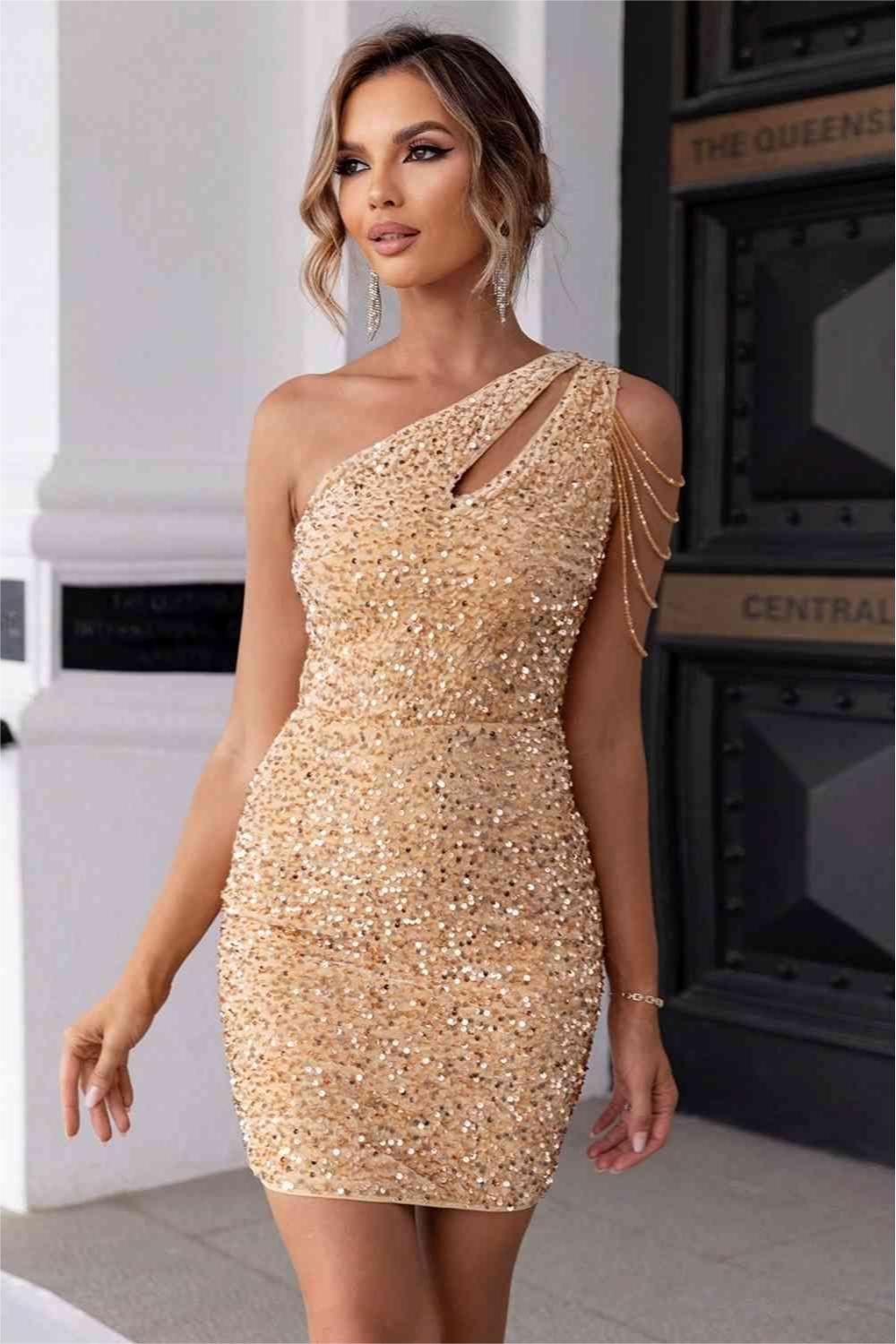 Champagne Gold Sequins One Shoulder Sleeveless Short Homecoming Dress With Beadings