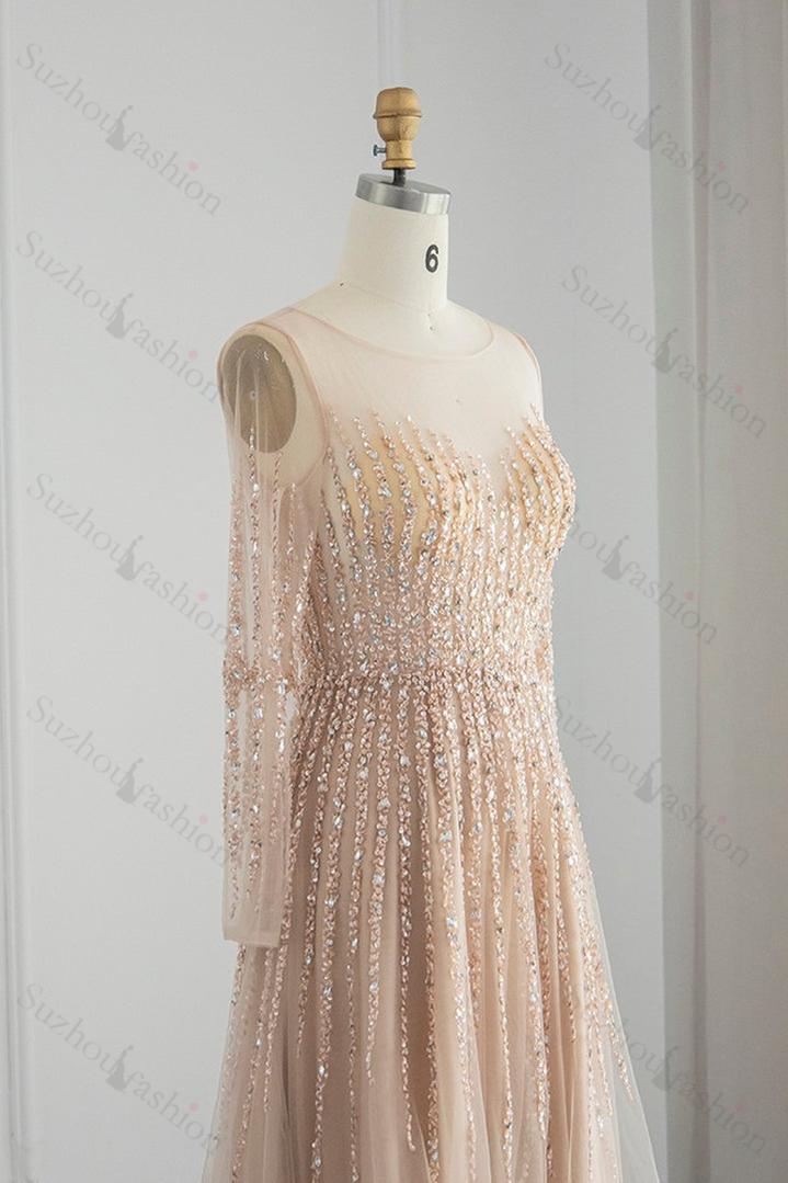 Champagne Long Sleeve Prom Dress Tulle Jewel Neck A Line Evening Formal Dress With Appliques