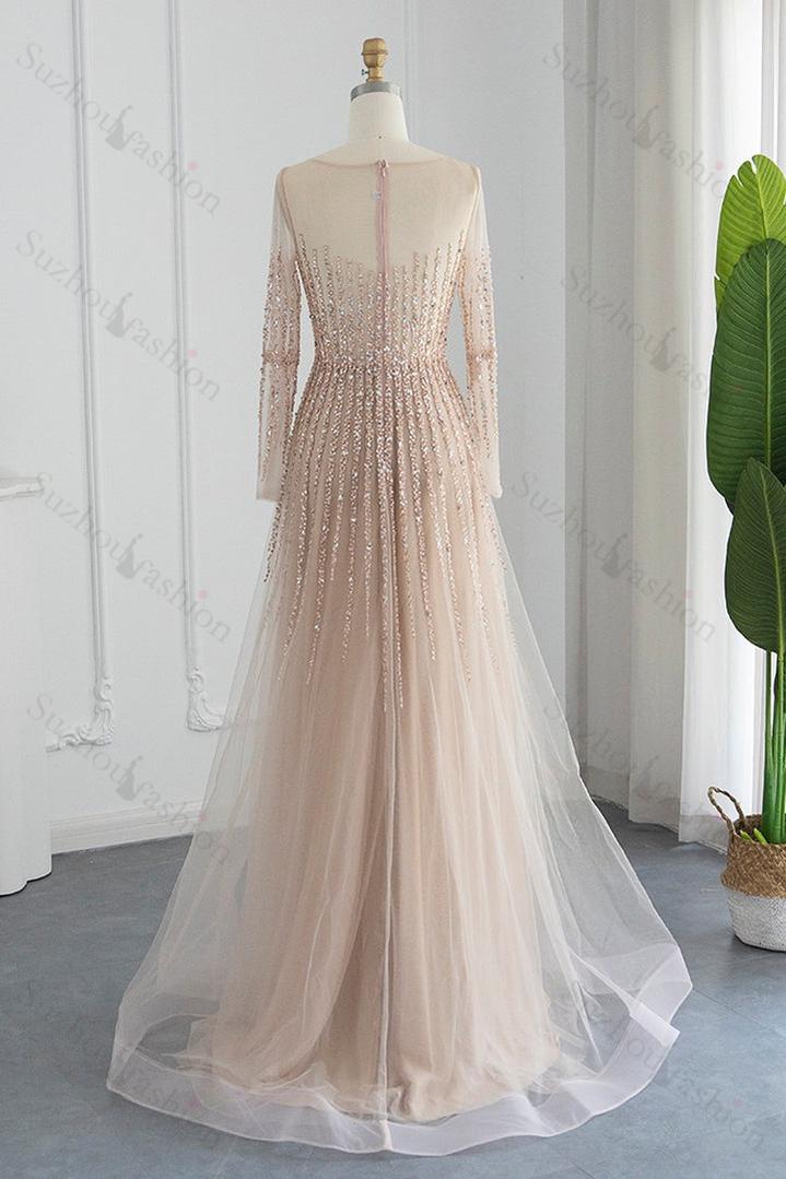Champagne Long Sleeve Prom Dress Tulle Jewel Neck A Line Evening Formal Dress With Appliques