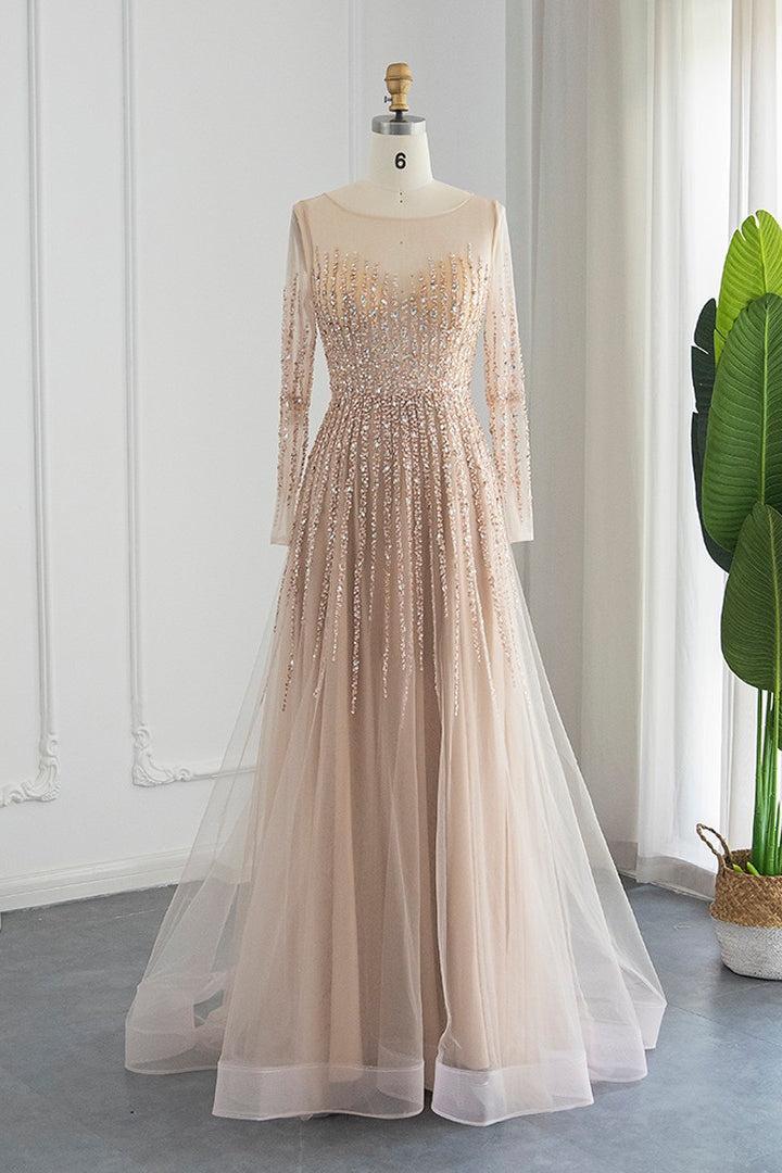 Champagne Long Sleeve Prom Dress Tulle Jewel Neck A Line Evening Formal Dress With Appliques