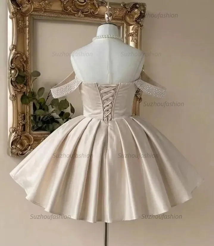 Champagne Pearl Beaded Sheer Corset Mini Homecoming Dress Illusion Sleeves & Satin Ball Gown