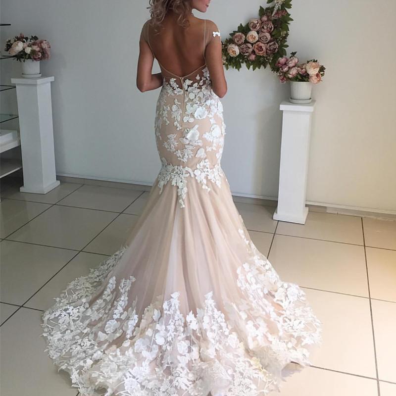 Champagne Pink Lace Appliques Wedding Dresses  | Short Sleeves Mermaid Backless Bridal Dress