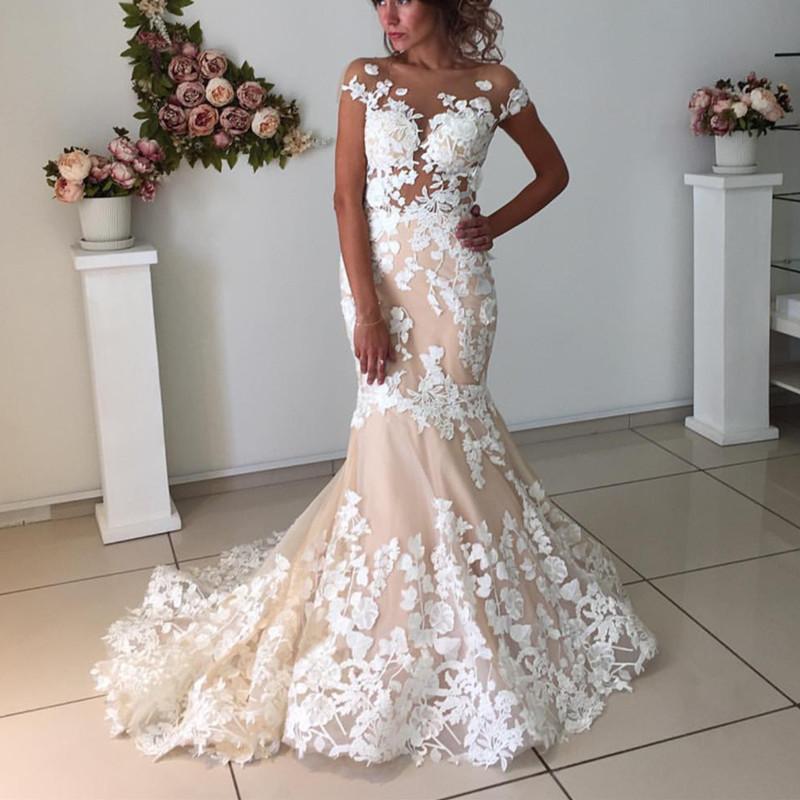 Champagne Pink Lace Appliques Wedding Dresses  | Short Sleeves Mermaid Backless Bridal Dress