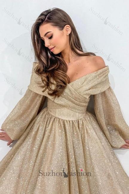 Champagne Prom Dress A Line Off The Shoulder Sleeves Formal Dress With Glitter
