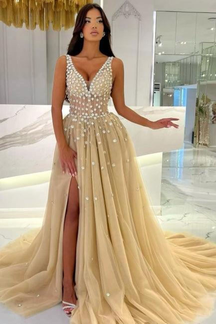 Champagne Prom Dress A Line V Neck Beaded Sweep Train Tulle Formal Dress With Slit