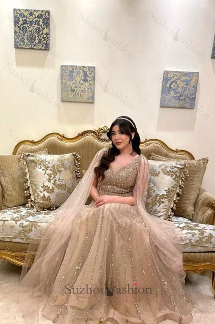 Champagne Prom Dress A Line V Neck Sequined Floor Length Tulle Formal Dress