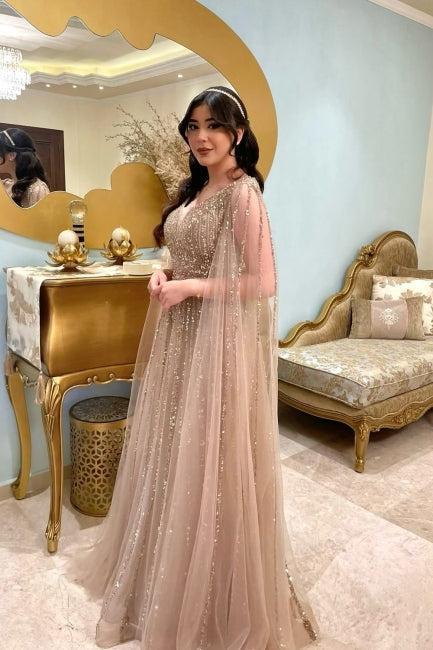 Champagne Prom Dress A Line V Neck Sequined Floor Length Tulle Formal Dress