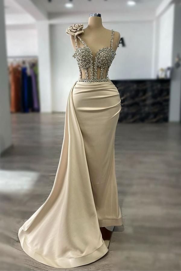 Champagne Prom Dress Column Spaghetti Strap Sweetheart Panel Train Satin Formal Dress