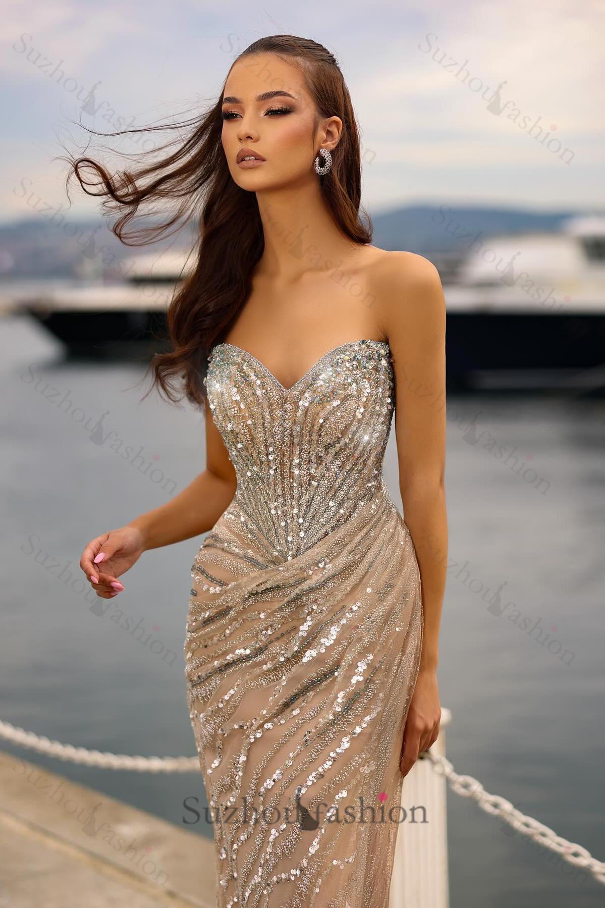Champagne Prom Dress Column Strapless Sweetheart Sleeveless Sequined Tulle Formal Dress