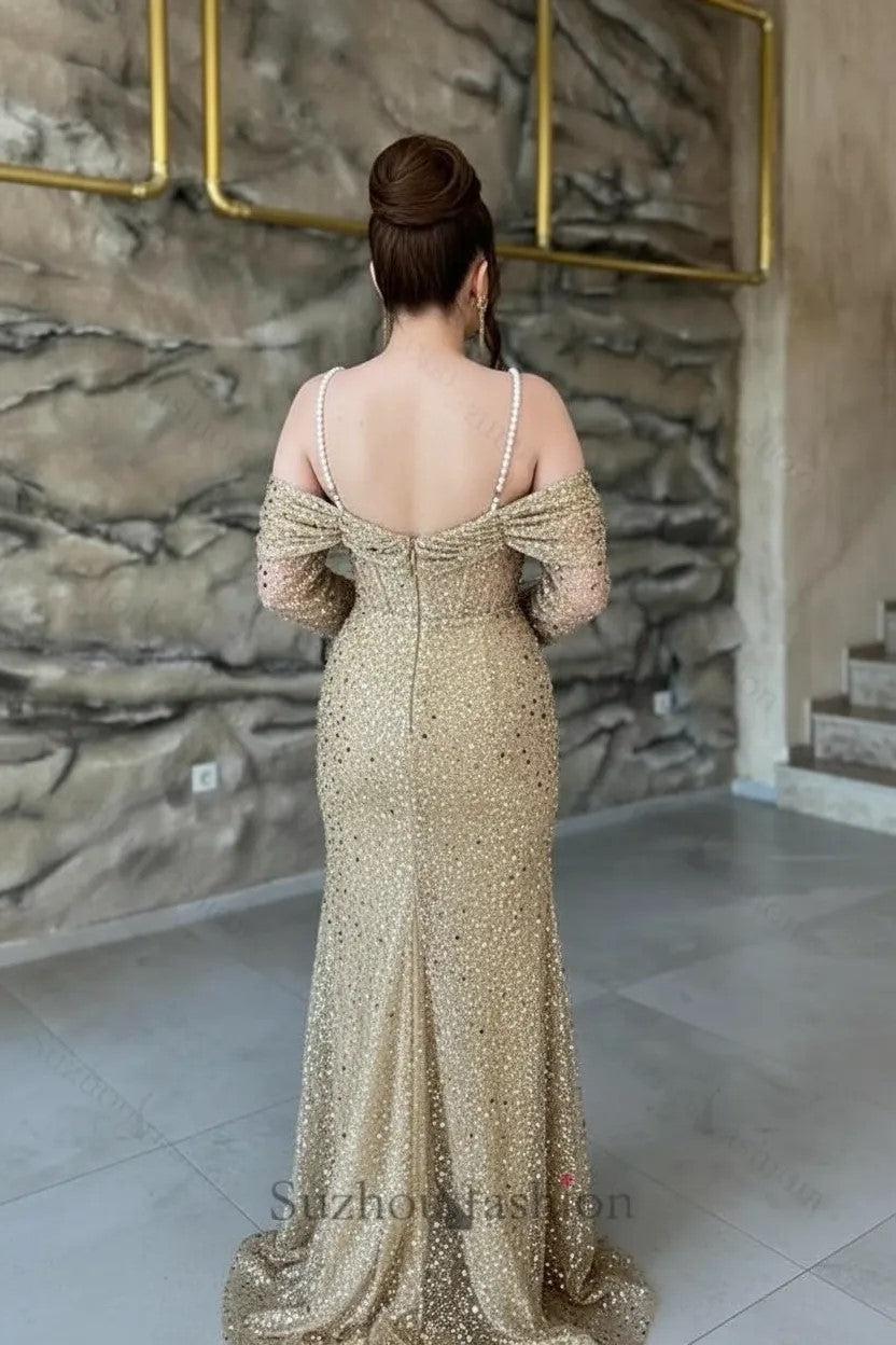 Champagne Prom Dress Mermaid Off The Shoulder Sequined Tulle Formal Dress With Pearls