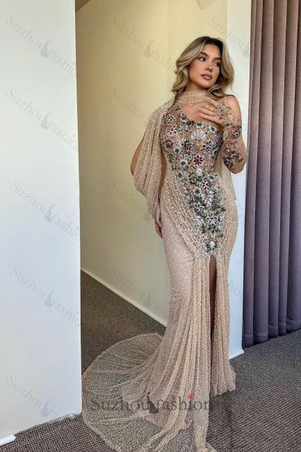 Champagne Prom Dress Mermaid One Shoulder Cap Sleeve Beaded Sequined Slit Tulle Formal Dress