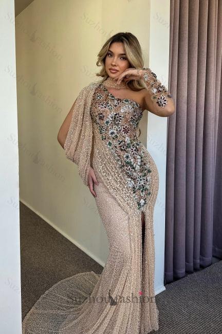 Champagne Prom Dress Mermaid One Shoulder Cap Sleeve Beaded Sequined Slit Tulle Formal Dress