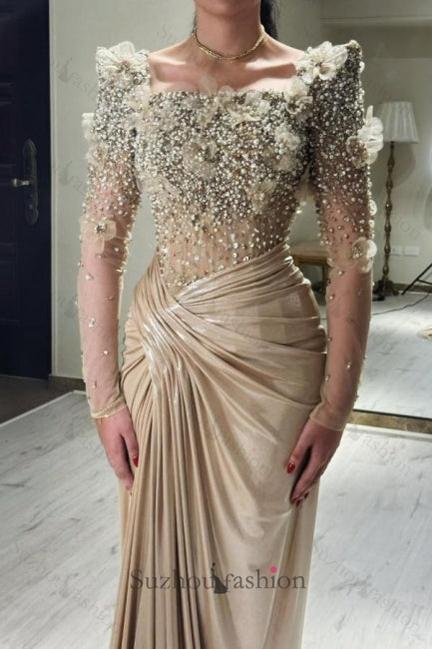 Champagne Prom Dress Mermaid Square Beaded Sleeve Satin Formal Dress