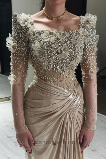 Champagne Prom Dress Mermaid Square Beaded Sleeve Satin Formal Dress