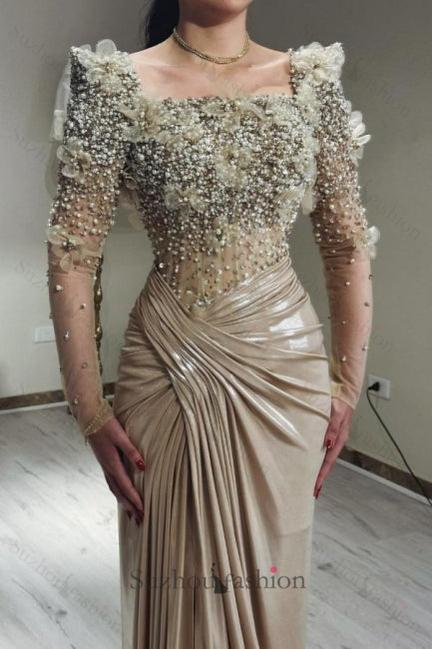Champagne Prom Dress Mermaid Square Beaded Sleeve Satin Formal Dress