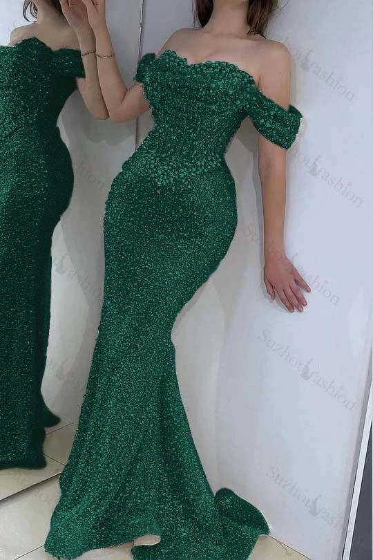 Champagne Prom Dress Mermaid Sweetheart Beaded Off The Shoulder Formal Dress With Pearls