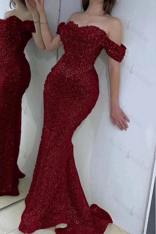 Champagne Prom Dress Mermaid Sweetheart Beaded Off The Shoulder Formal Dress With Pearls