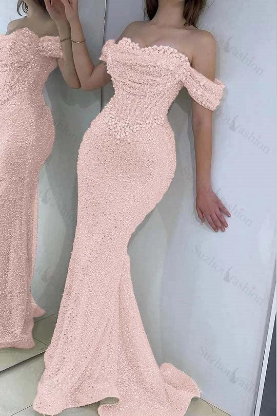 Champagne Prom Dress Mermaid Sweetheart Beaded Off The Shoulder Formal Dress With Pearls
