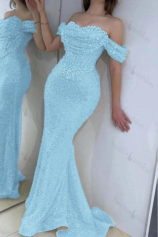 Champagne Prom Dress Mermaid Sweetheart Beaded Off The Shoulder Formal Dress With Pearls