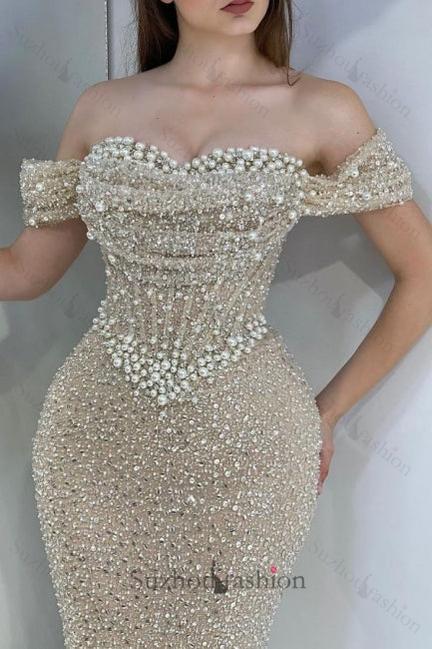 Champagne Prom Dress Mermaid Sweetheart Beaded Off The Shoulder Formal Dress With Pearls