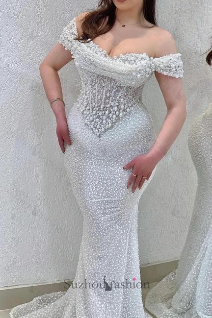 Champagne Prom Dress Mermaid Sweetheart Beaded Off The Shoulder Formal Dress With Pearls