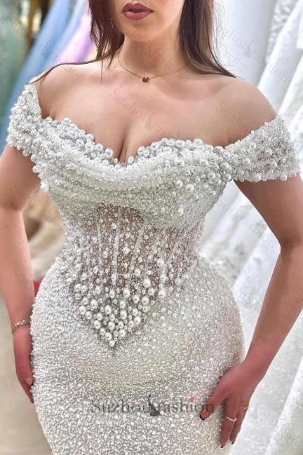 Champagne Prom Dress Mermaid Sweetheart Beaded Off The Shoulder Formal Dress With Pearls