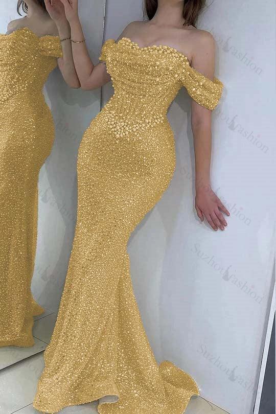 Champagne Prom Dress Mermaid Sweetheart Beaded Off The Shoulder Formal Dress With Pearls