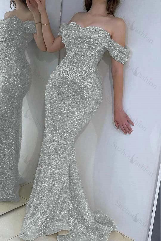 Champagne Prom Dress Mermaid Sweetheart Beaded Off The Shoulder Formal Dress With Pearls