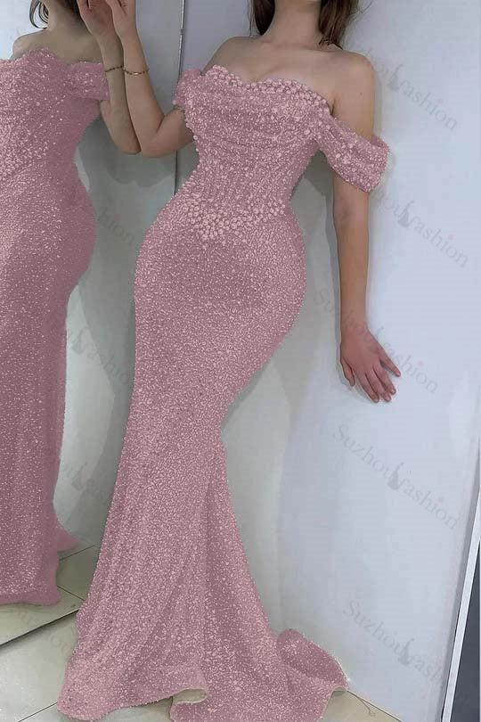 Champagne Prom Dress Mermaid Sweetheart Beaded Off The Shoulder Formal Dress With Pearls