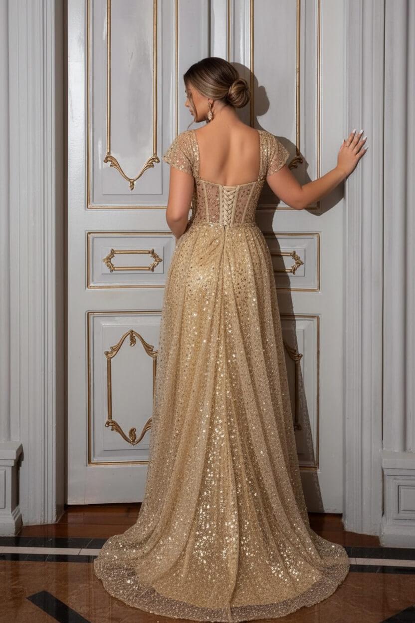 Champagne Prom Dress Mermaid Sweetheart Cap Sleeves Sequined Tulle Formal Dress With High Slit