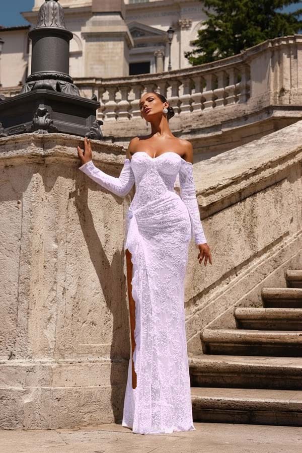 Champagne Prom Dress Mermaid Sweetheart Off The Shoulder Lace Beaded Formal Dress