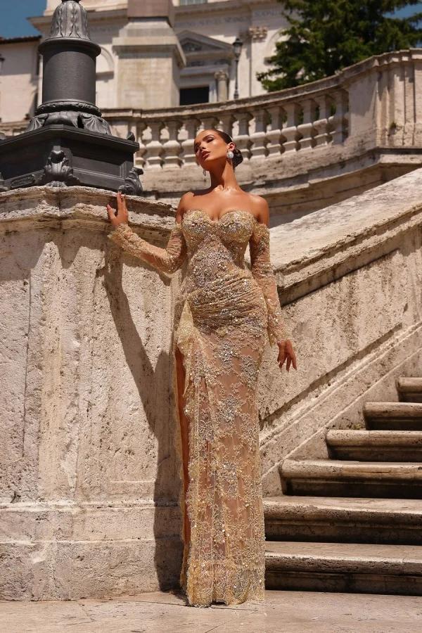 Champagne Prom Dress Mermaid Sweetheart Off The Shoulder Lace Beaded Formal Dress
